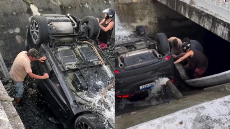 VÍDEO: carro capota em canal e moradores ajudam no resgate