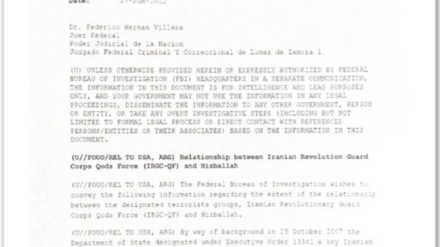 Documento FBI enviado à justiça argentina
