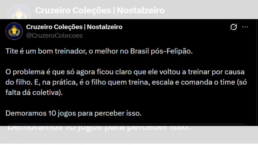 Protagonismo de filho de Tite irrita torcida do Cruzeiro