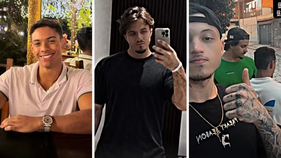 Lucas Jacuneli (à esq.) e Caio Tauã Amorim da Silva (no centro); à direita, Muryllo Henrique Costa de Oliveira aparece à frente em foto tirada com as outras duas vítimas, horas antes do acidente