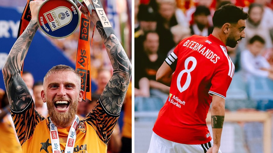 Oli McBurnie é uma das principais referências ofensivas do Hull City, enquanto Bruno Fernandes é o principal articulador do Manchester United Oli McBurnie é uma das principais referências ofensivas do Hull City, enquanto Bruno Fernandes é o principal articulador do Manchester United