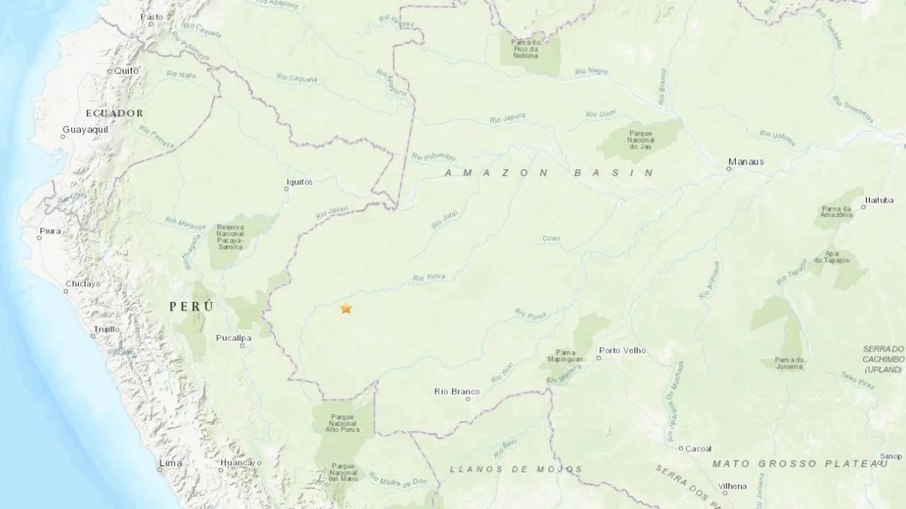 Estrela no mapa mostra local onde ocorreu o tremor de 6,6 graus na Amazônia