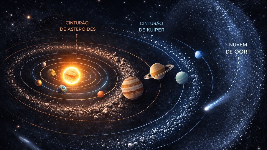 Ilustração mostra o Sistema Solar com o Cinturão de Asteroides, o Cinturão de Kuiper e a distante Nuvem de Oort, regiões onde se originam muitos cometas.
