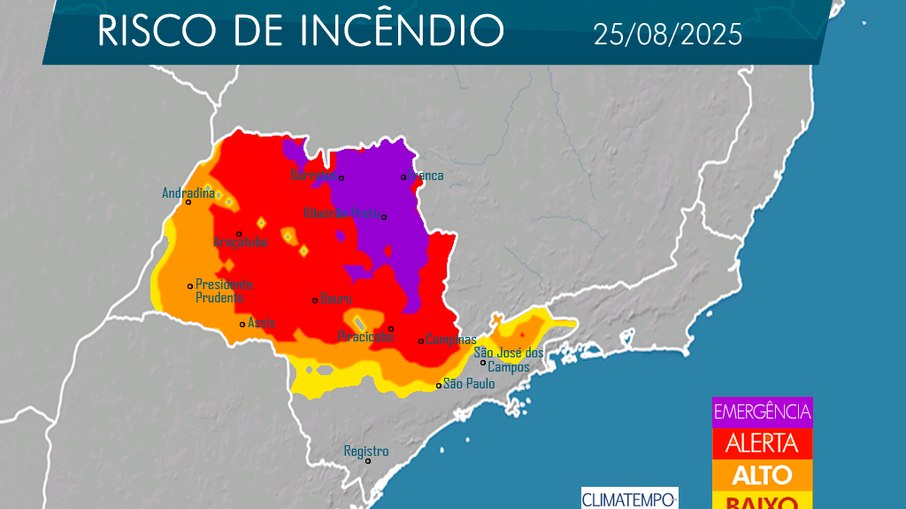 Mapa do Fogo com risco de incêndio para 25 de agosto