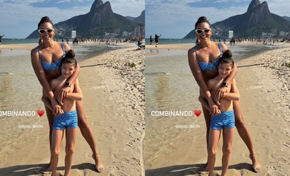 Sheron Menezzes posa de biquíni e combina traje praiano com filho