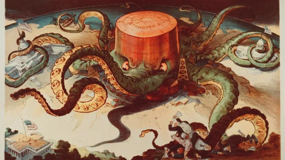Standard Oil Company: Em uma caricatura publicada na revista Puck em 7 de setembro de 1904, a Standard Oil Company é retratada como um polvo ameaçador. 