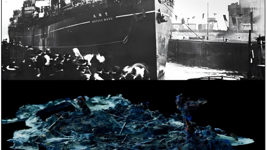 Foto 1: Hofuku Maru em 1920 e Foto 2: Hofuku Maru nos dias atuais (representação)