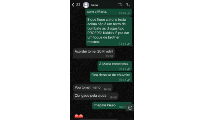 Print de conversa mostra Paulo relatando a um amigo que teria ingerido 20 comprimidos de Rivotril Print de conversa mostra Paulo relatando a um amigo que teria ingerido 20 comprimidos de Rivotril