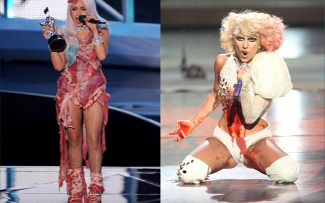 À esquerda, Lady Gaga com vestido de carne crua e à direita, a apresentação da diva no VMA 2009. Polêmica!