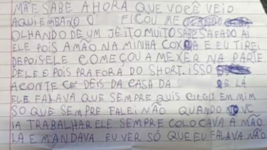 Carta que a menina escreveu relatando o abuso
