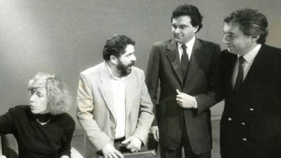 Marília Gabriela, Lula,Fernando Collor e Ronaldo Caiado no debate da TV BAND em 1989