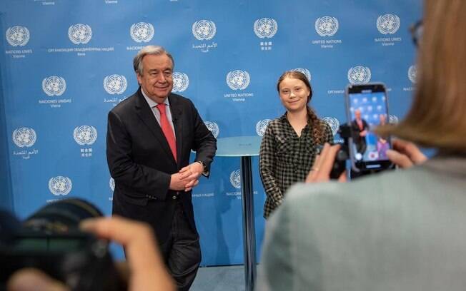 Greta Thunberg foi recebida pelo secretário-geral da ONU, António Guterrez