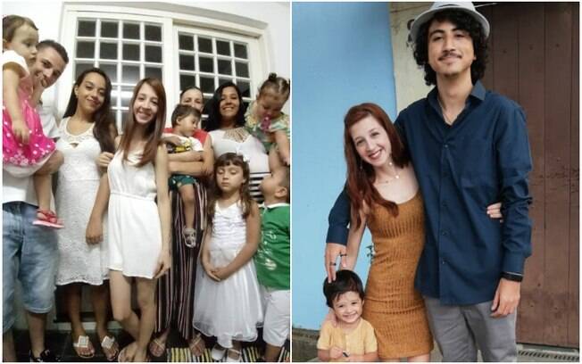 À esquerda Bruna com toda a sua família, à direita ela, o marido e o filho Raul