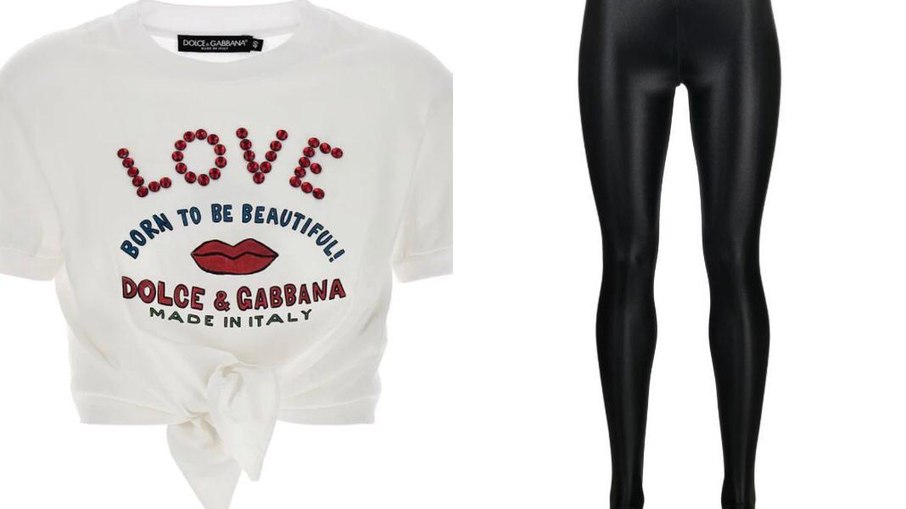 Cropped Dolce Gabbana (R$5.200) e uma legging Saint Laurent R$7.587