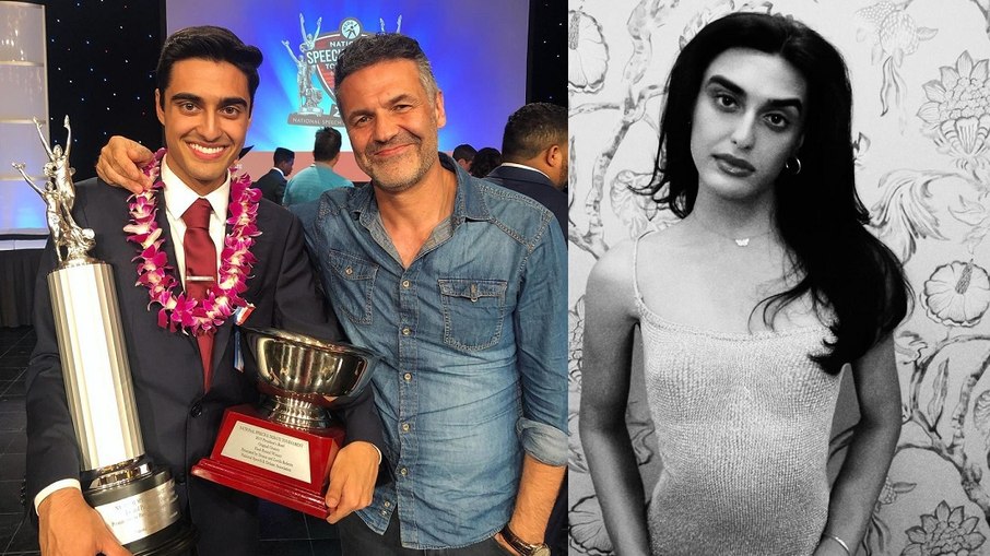 Khaled Hosseini ao lado da filha Harris, antes da transição, em 2019, e ao lado Harris após se assumir como mulher trans