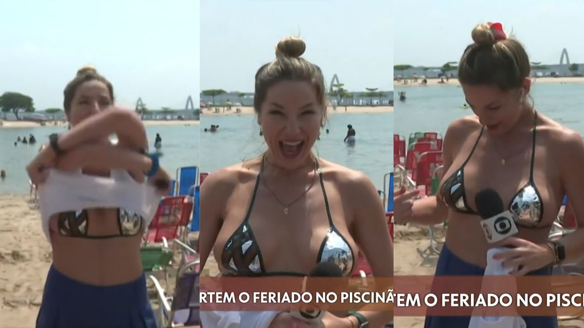 Repórter tira a roupa ao vivo na Globo e mostra biquíni de fita