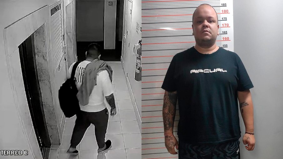 João Gustavo deixa prédio onde furtou em Campinas; à direita, momento da prisão. João Gustavo deixa prédio onde furtou em Campinas; à direita, momento da prisão.