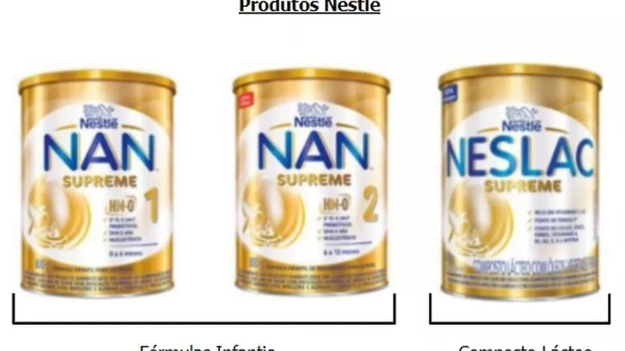 Imagem mostra comparação feita pelo Idec de embalagens de fórmulas infantis e composto lácteo da Nestlé