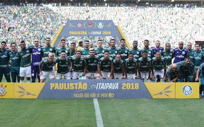 O elenco do Palmeiras de 2018. Na foto, falta ainda Felipe Melo