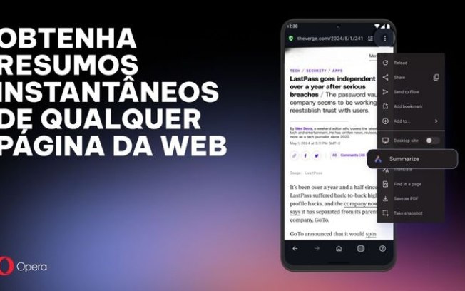 Opera ganha atalho para resumir sites com IA no Android