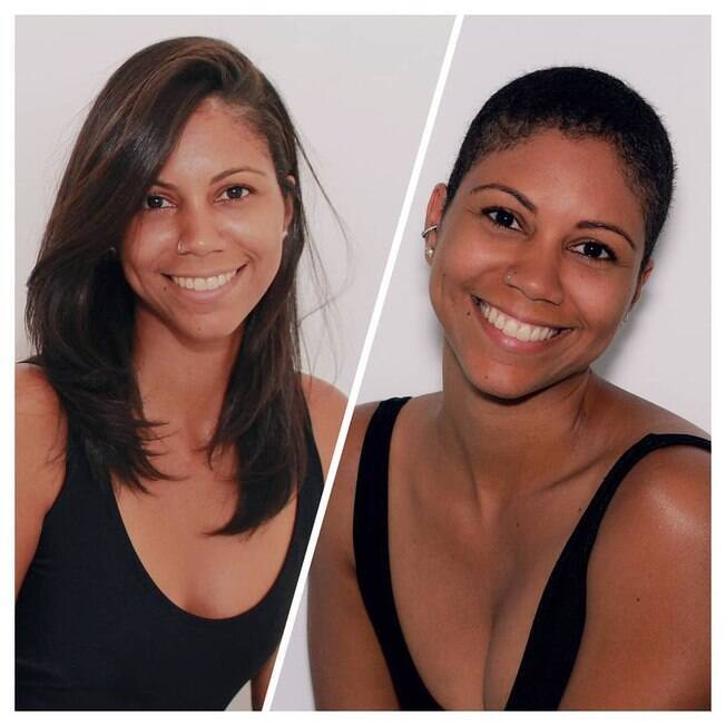 antes e depois de mulher com cabelo longo e raspado