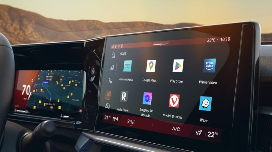 Tela central do Renault Boreal exibe apps do Google com controle por voz via Google Assistente Tela central do Renault Boreal exibe apps do Google com controle por voz via Google Assistente