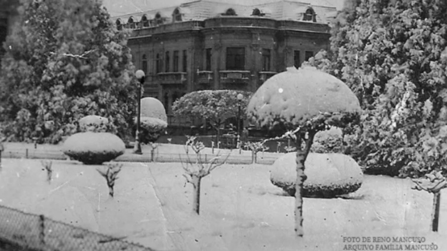 Neve sobre os arbustos da Praça Dante Alighieri, em Caxias do Sul durante nevasca de 1941
