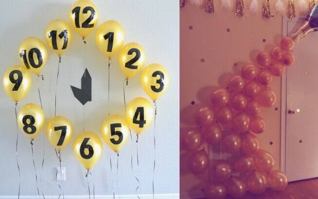 Fazer um relógio ou bolhas de champagne de bexigas são formas criativas e fáceis de decorar sua casa para a virada