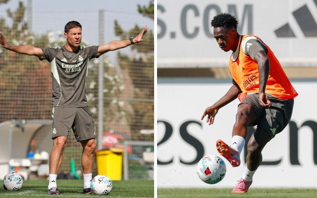 Xavi Alonso e Vini Jr em treino do Real Madrid