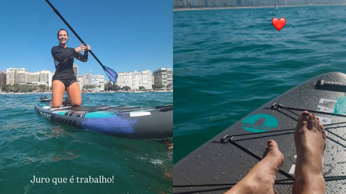 Paolla Oliveira pratica stand up paddle em alto mar.