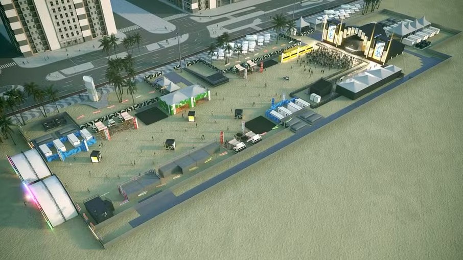 Projeção da arena FunFest no Posto 3 de Copacabana: espaço para 15 mil pessoas com programação gratuita e atividades culturais.