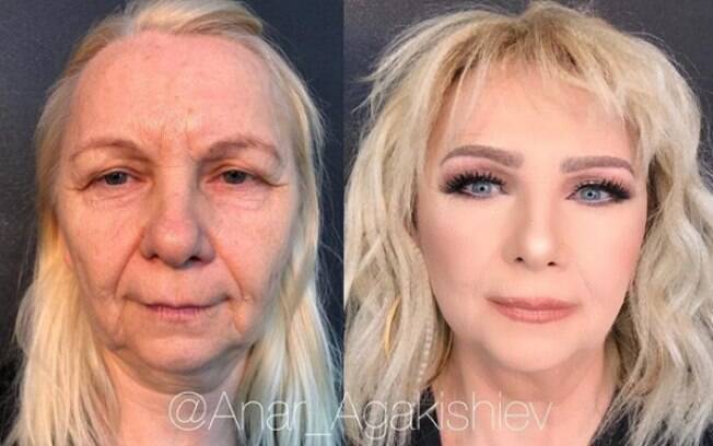 A técnica de maquiagem utilizada pelo artista Anar Agakishiev faz com que as clientes pareçam anos mais novas