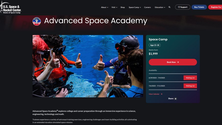 Programa Advanced Space Academy é um acampamento educacional voltado a jovens de 15 a 18 anos, com taxa de inscrição a partir de US$ 1.999. Programa Advanced Space Academy é um acampamento educacional voltado a jovens de 15 a 18 anos, com taxa de inscrição a partir de US$ 1.999.