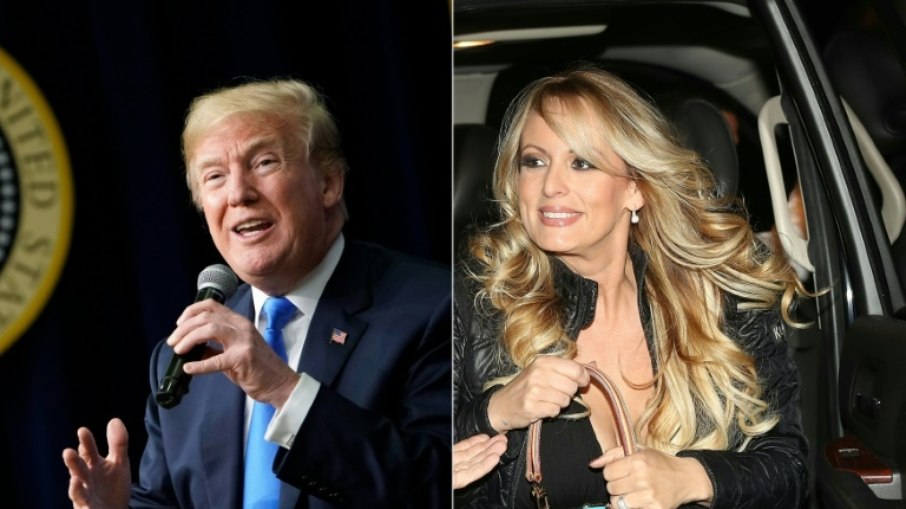 O ex-presidente dos EUA Donald Trump, em 22 de março de 2018 em Washington, e a atriz Stormy Daniels, em Fort Lauderdale, em 9 de março de 2018