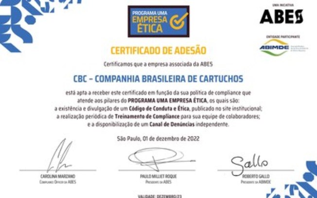 CBC cumpre requisitos e renova certificado como uma Empresa Ética