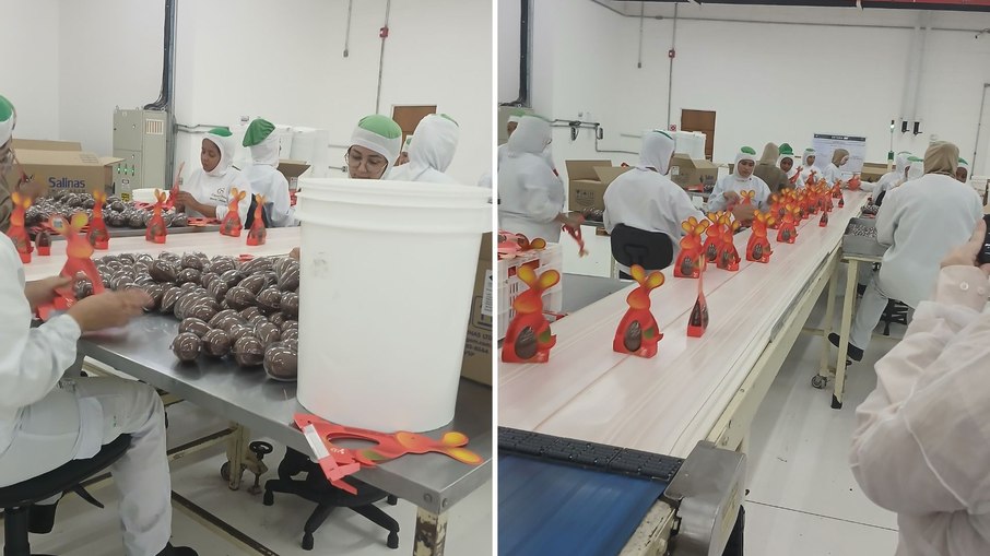 Choclates em processo de embalagem para serem armazenados e enviados para a distribuição pelo país.