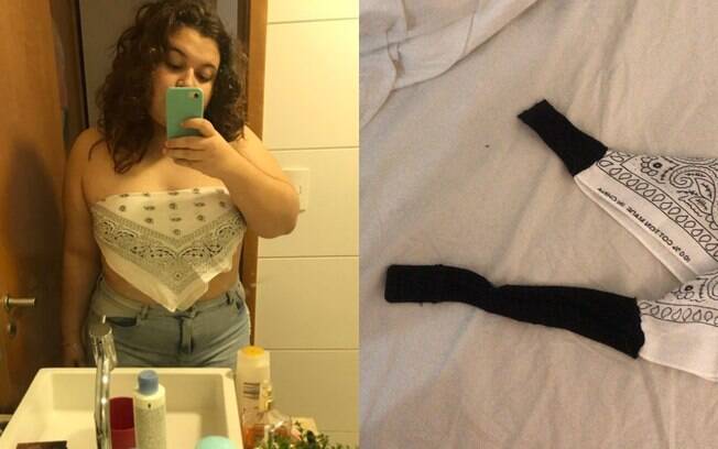 Eduarda viralizou no Twitter após mostrar tutorial do top inclusivo, feito com uma bandana e o fecho de um sutiã velho 