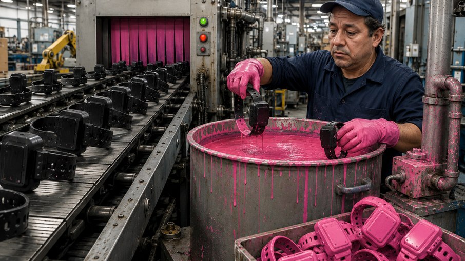 Homem pintando tornozeleiras de rosa Homem pintando tornozeleiras de rosa
