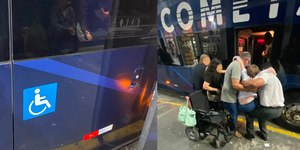 Passageira cadeirante da Viação Cometa entra carregada em ônibus