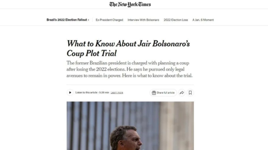 Matéria do NYT sobre o julgamento de Jair Bolsonaro