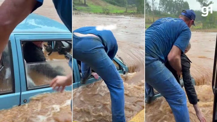 Vídeo: idoso é retirado de carro submerso durante
temporal no RS