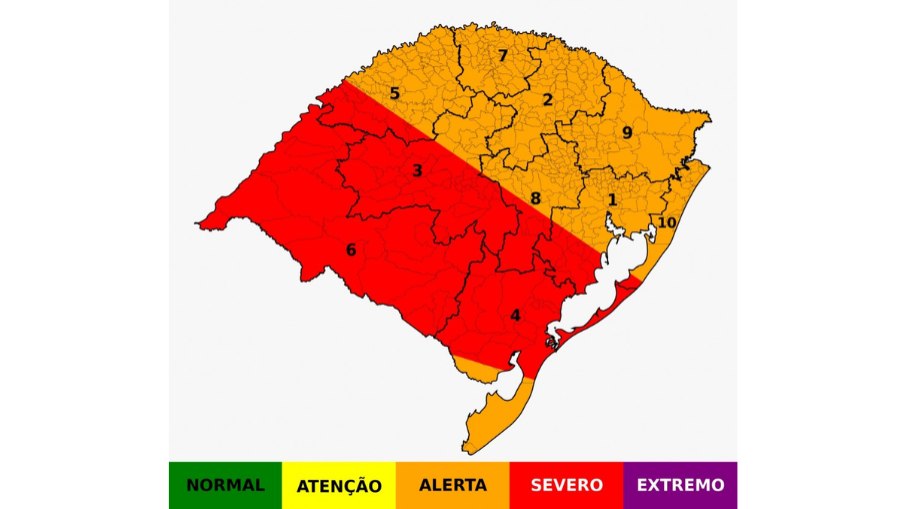 Mapa com alerta vermelho definido pela Defesa Civil gaúcha Mapa com alerta vermelho definido pela Defesa Civil gaúcha