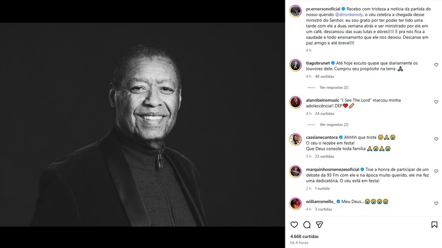 Pastor Emerson Cruz lamenta a morte de Ron Kenoly em post do Instagram