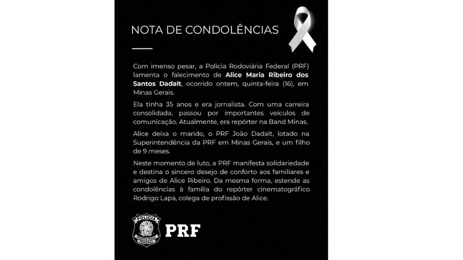 PRF, onde atua marido de repórter da Band, lamenta morte em MG PRF, onde atua marido de repórter da Band, lamenta morte em MG