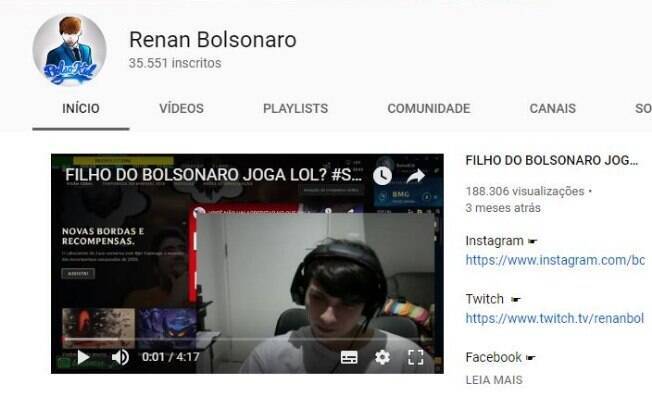 Filho de Bolsonaro, Renan Bolsonaro tem canal no YouTube e contas em outras redes sociais