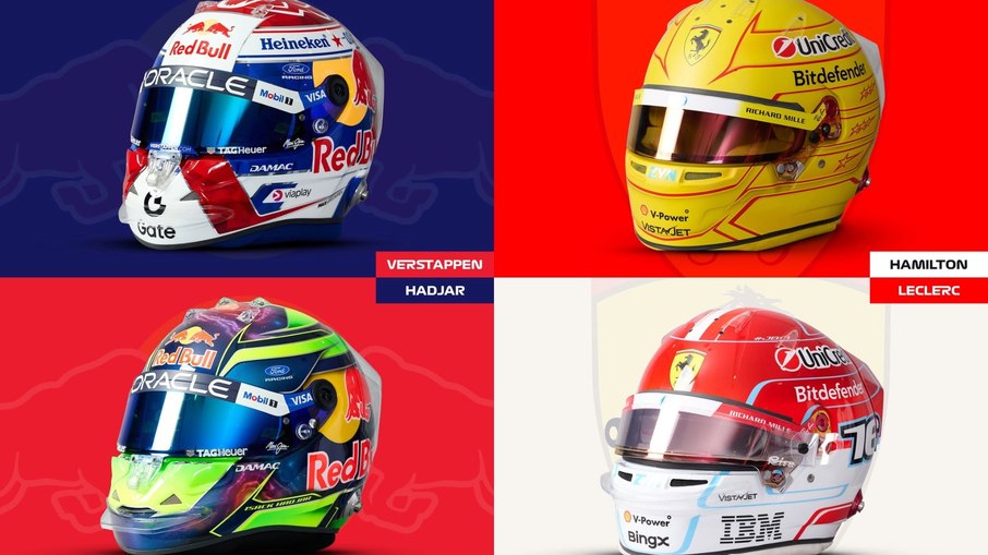 Capacetes de Verstappen, Hadjar, Hamilton e Leclerc