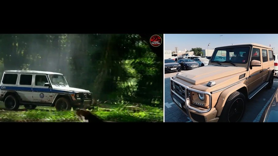 Mercedes-Benz G 63 AMG no filme Jurassic World e o modelo em um pátio em Dubai