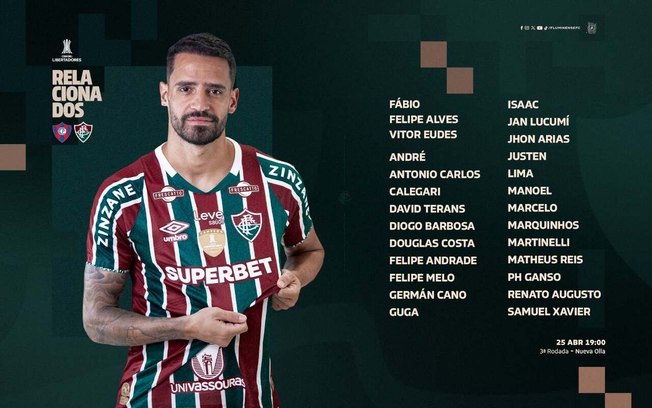 Renato Augusto e Calegari são as novidades do Fluminense para a partida com o Cerro Porteño