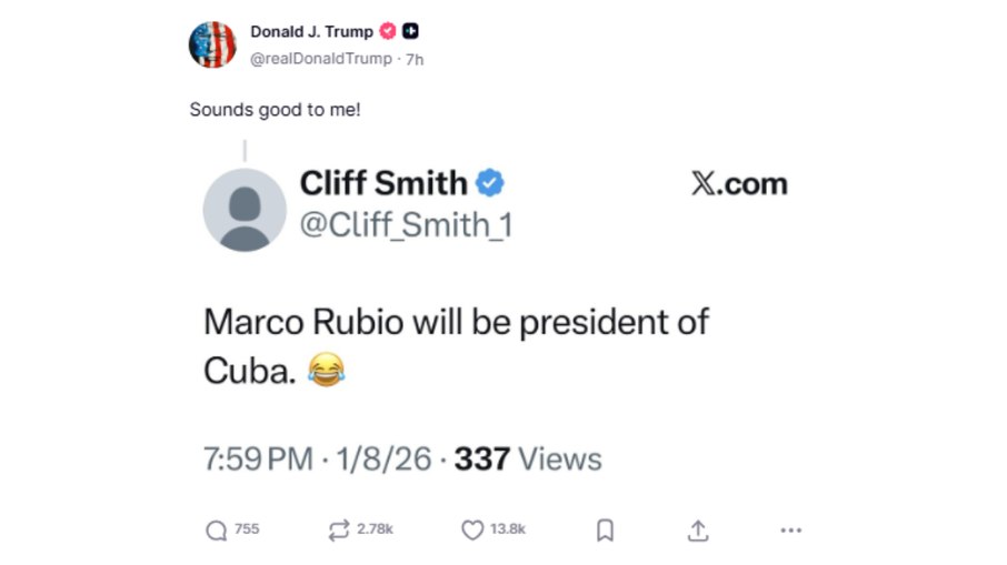 Trump republica post sugerindo que Rubio seja presidente de Cuba