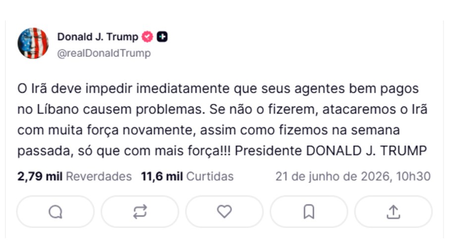 Donald Trump ameaça Irã na rede social Truth Social